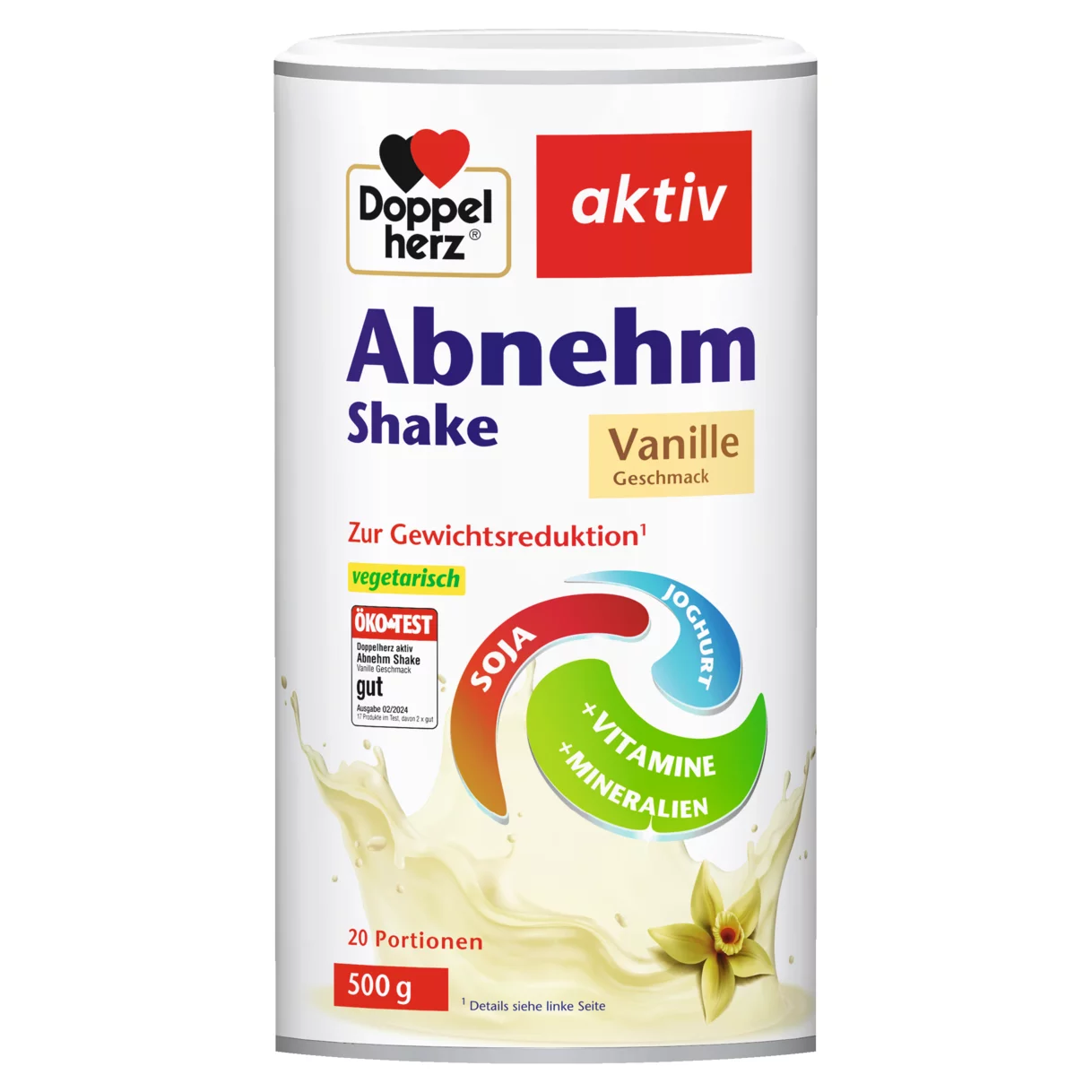 Abbildung der Produktverpackung Doppelherz aktiv Abnehm Shake Vanille Frontansicht